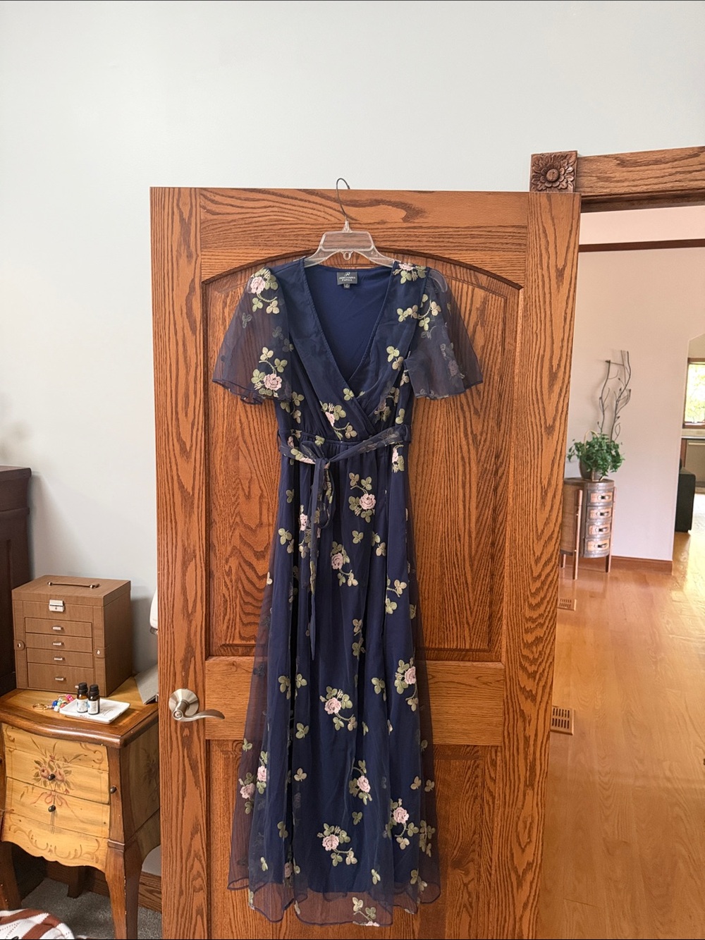 Adrianna Papell Navy Maxi Dress with Pink & Cream Floral Embroidery